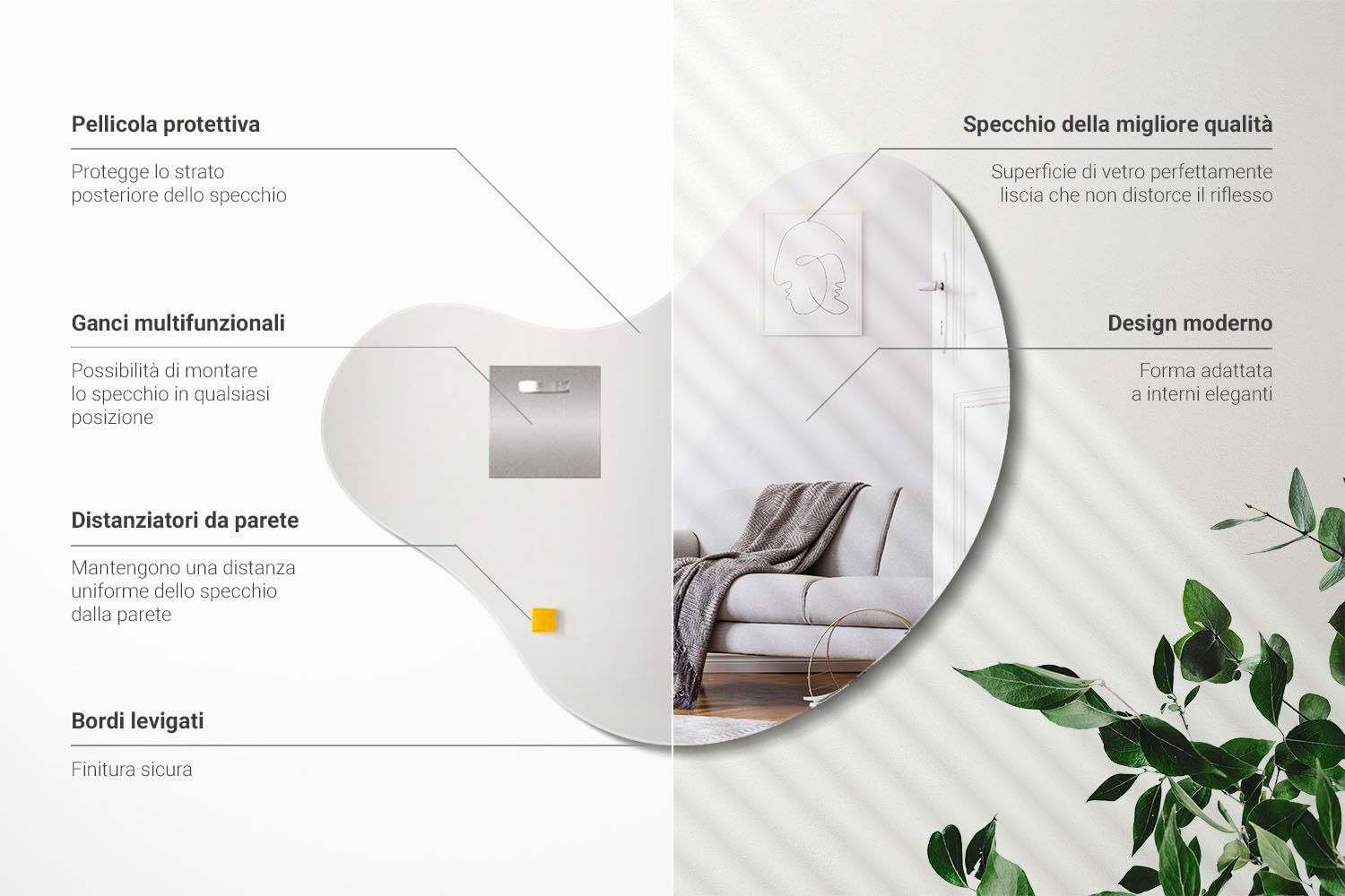 Specchio Irregolare 67,6 x 67 cm Senza Cornice | Design Creativo e Contemporaneo | Perfetto per Bagno, Zona Living, Camera e Studio | Specchio di Design per Arredo Moderno