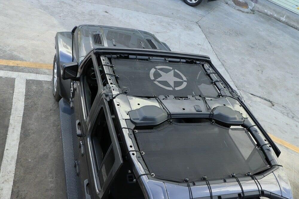 Copertura superiore del parasole del tetto in rete compatibile con Jeep Wrangler JL JLU 2018-2023 a 4 porte, protezione UV e riduzione del calore,Five pointed star