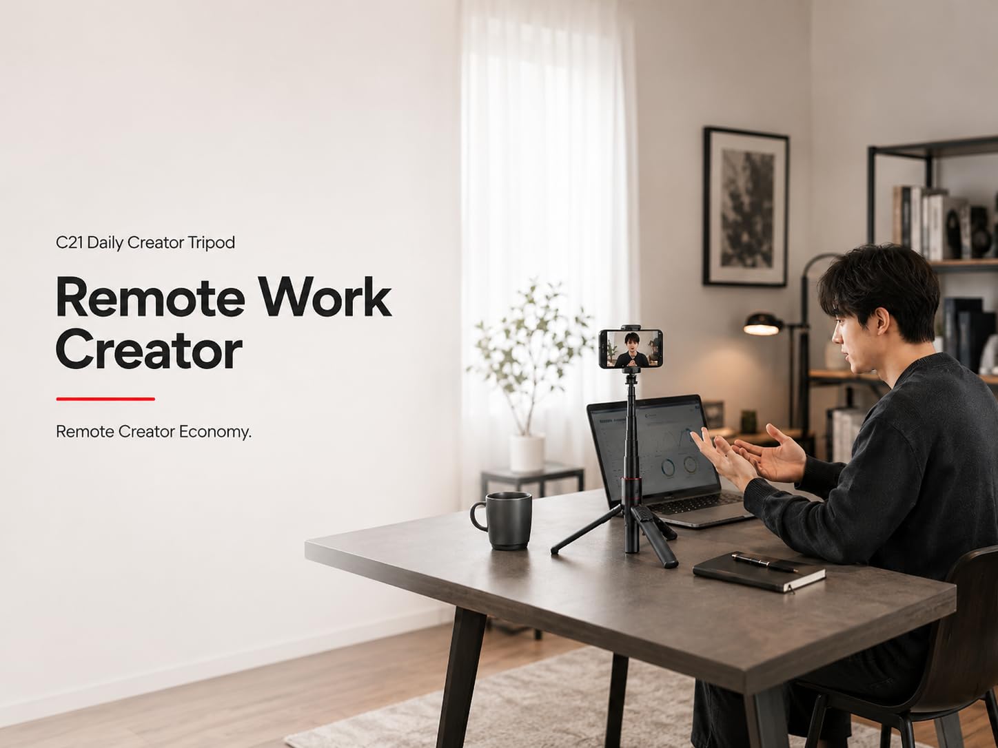 C21 - Treppiede da 134,6 cm tutto in uno, per selfie stick, portatile, leggero, con telecomando wireless, supporto da viaggio estensibile per iPhone Android, Vlog, registrazione video