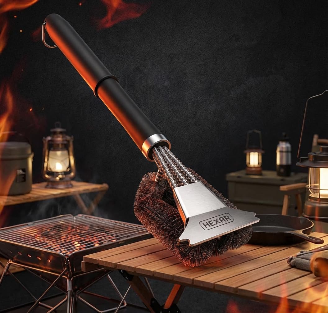 HEXAR Grillbürste, Barbecue Grill Reinigungsbürste Kombination aus Bürste mit Schaber, BBQ Reinigungsbürste mit Edelstahlborsten und extra langem PP-Griff
