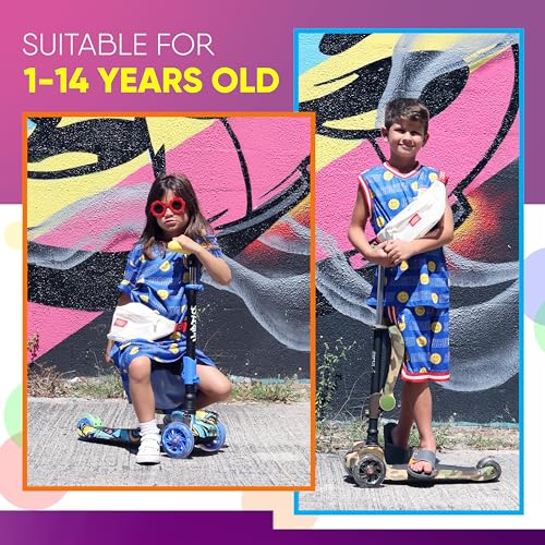 Image of Hurtle 3-Wheeled Scooter for Kids - Wheel LED Lights, Adjustable Lean-to-Steer Handlebar, and Foldable Seat - Sit or Stand Ride with Brake for Boys and Girls Ages 1-14 Years Old