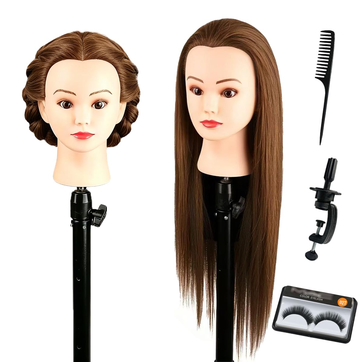 Mannequin Head with 80% Human Hair for Hair Styling Practice 26-28 Inch Straight Hair Training Head for Cosmetology Barber Hairdresser Students and Professionals (Brown)
