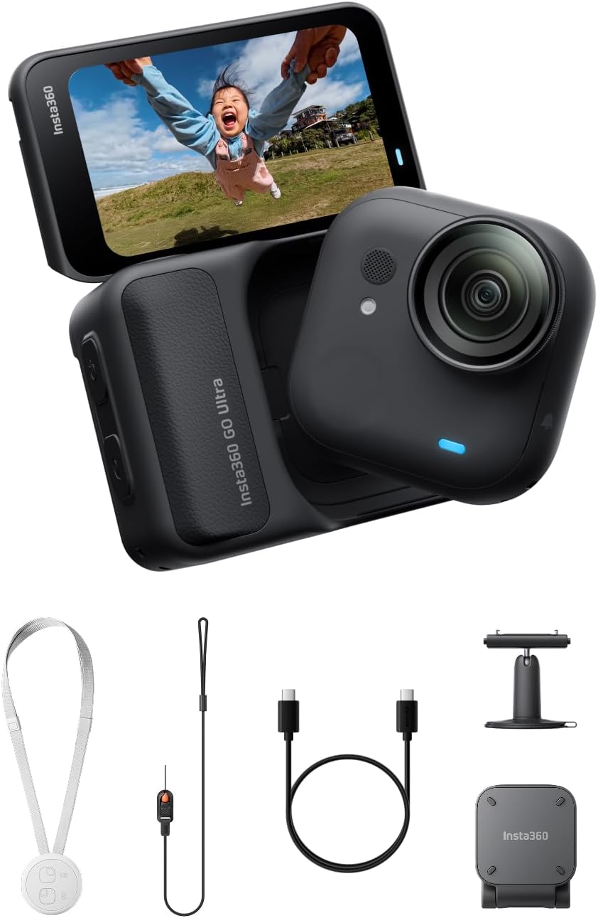 Insta360 GO Ultra Essentials Bundle - Small 4K Vlogging Camera, Hands-Free, POV Cam, 1/1.28" Sensor, 53g Lightweight, 156° FOV, 200 Min Battery Life, Magnetic Wearable Action Camera for Sports, Vlog