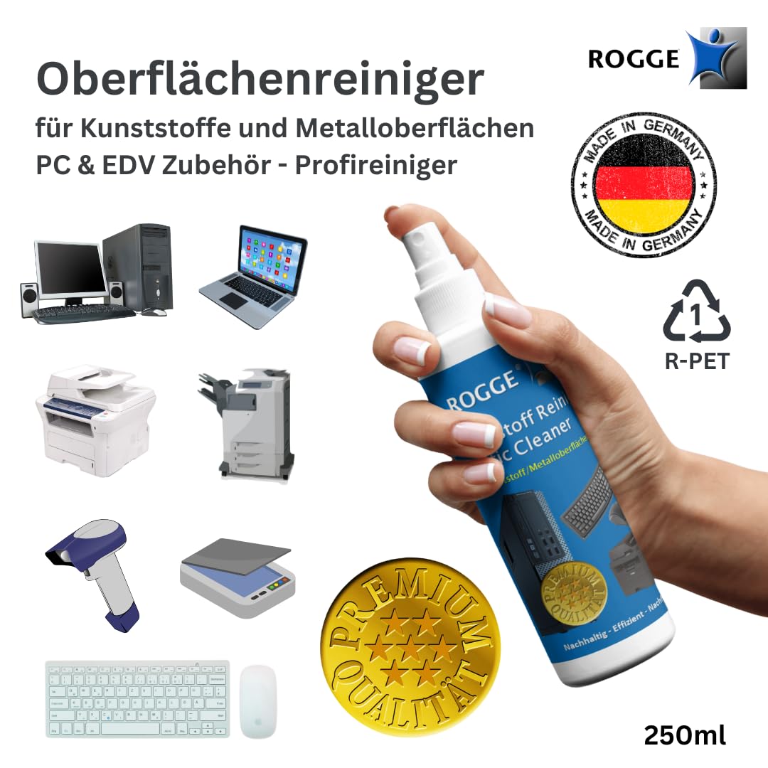 ROGGE PC + zestaw do czyszczenia ekranu 250 ml Screen Cleaner + 250 ml tworzywo sztuczne/czyszczenie klawiatury wraz z 2 x ROGGE Prof. ściereczki z mikrofibry