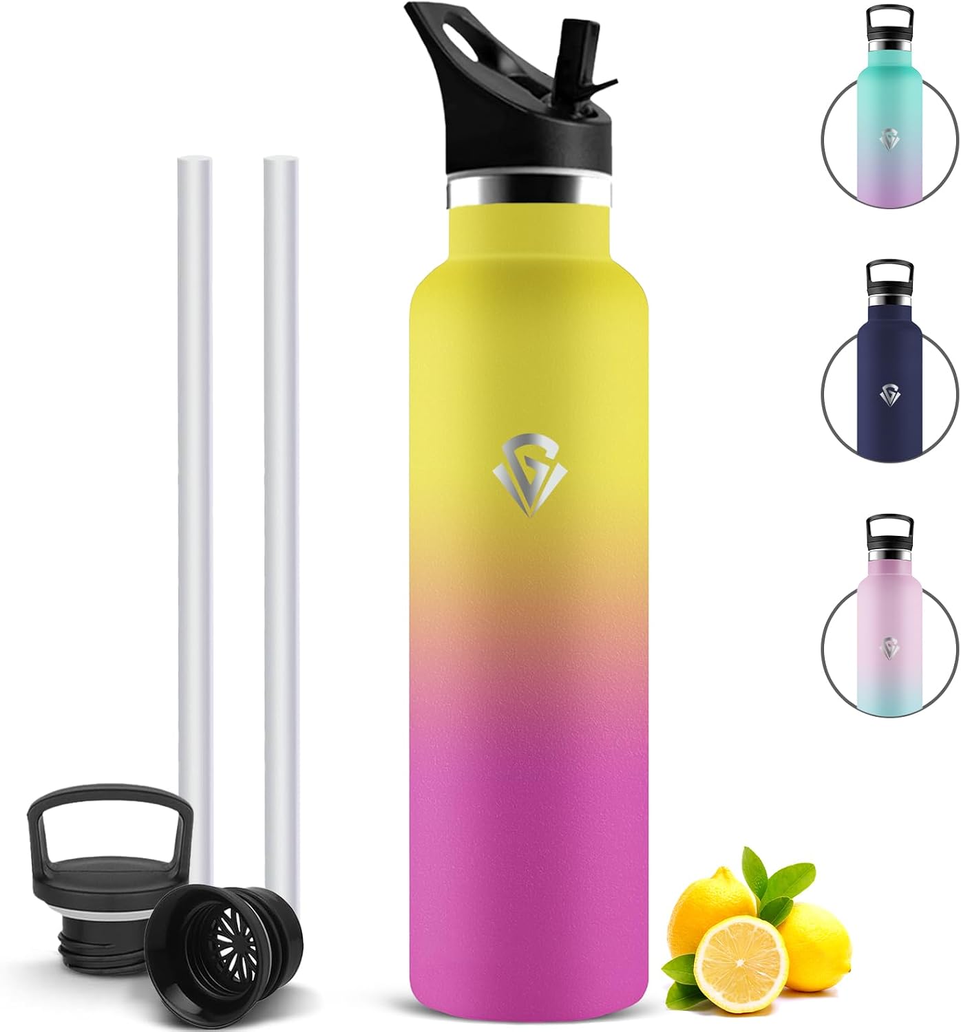 Stainless Steel Drinking Bottle BPA-Free Drinking Bottle 1 Litre with Straw Leak-Proof Thermos Flask with 2 Lids Water Bottle Carbonated Water Bottle Suitable for Fitness Gym Bubble
