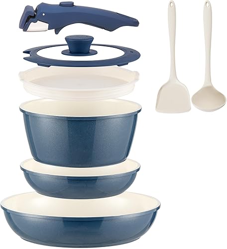 Miniatura 9 de Juego de utensilios de cocina de cerámica antiadherentes, 8 piezas, juego de ollas y sartenes, mango desmontable, juego de cocina de inducción con