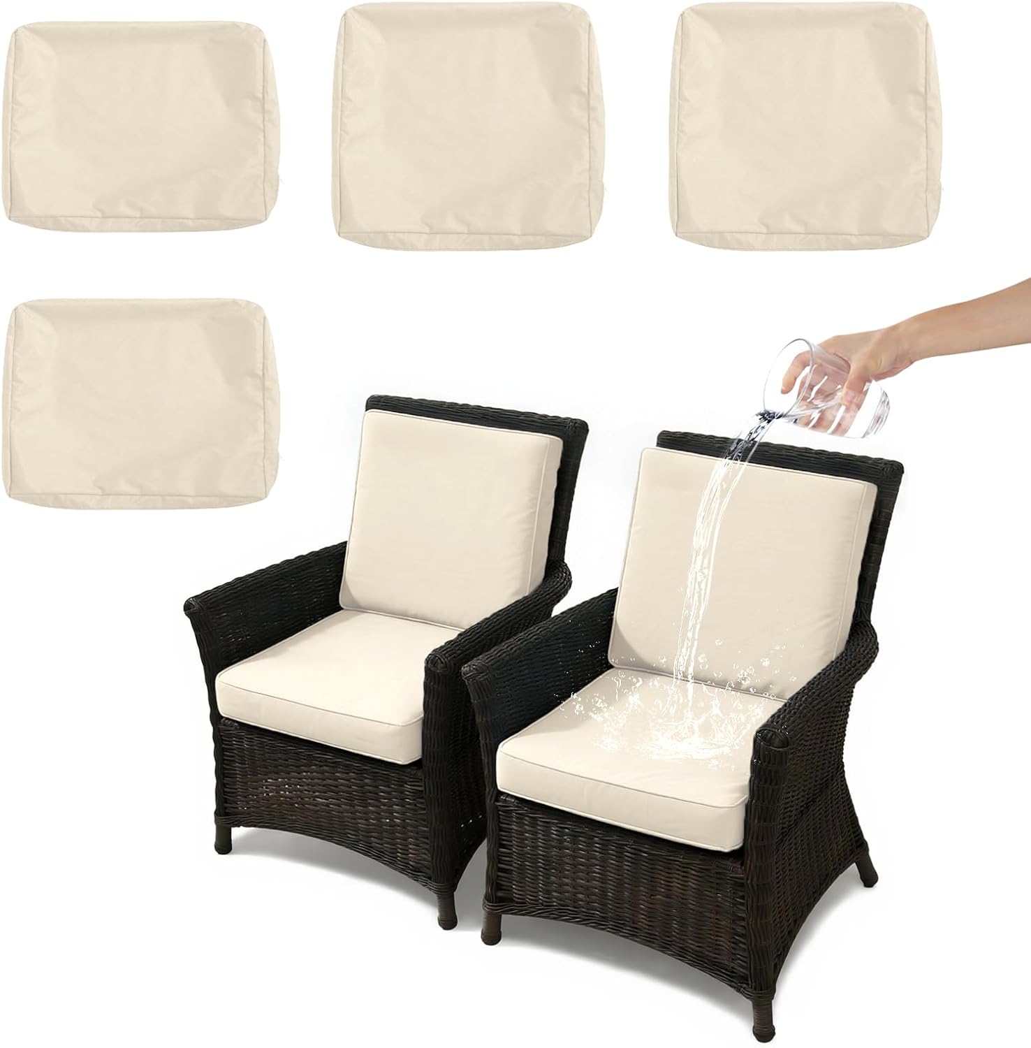 4 Pieces Waterproof Patio Furniture Cushion Covers Set, Heavy Duty Outdoor Cushions Replacement for Wicker Rattan Chairs with Zipper, Includes 2 Seat Covers and 2 Back Covers (Ivory)