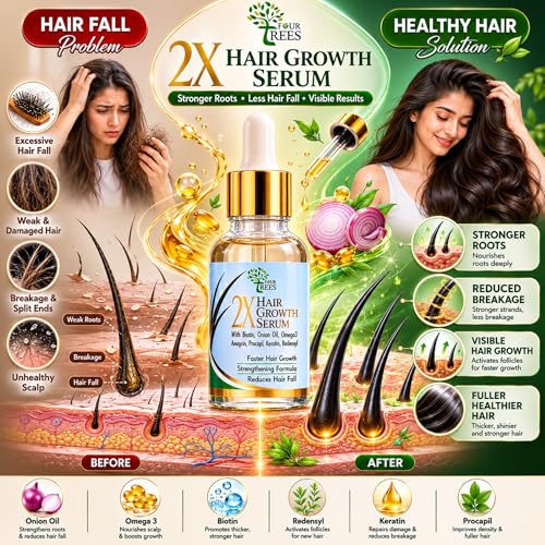 Image of Four Trees 2X Hair Growth Serum | Faster Hair Growth & Reduces Hair Fall | With Biotin, Redensyl, Onion Oil | For Men & Women | 30 ml