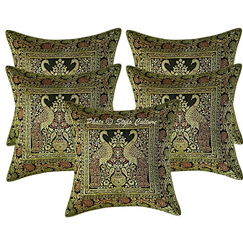 Image of Decorative Brocade Cushion Covers 16x16 Inch Banarasi Jacquard Weave Black & Gold Drawing Room Decor Peacock Traditional Square 40x40 cm Zippered Sofa Settee Pillowcases -Set of 5 Pcs