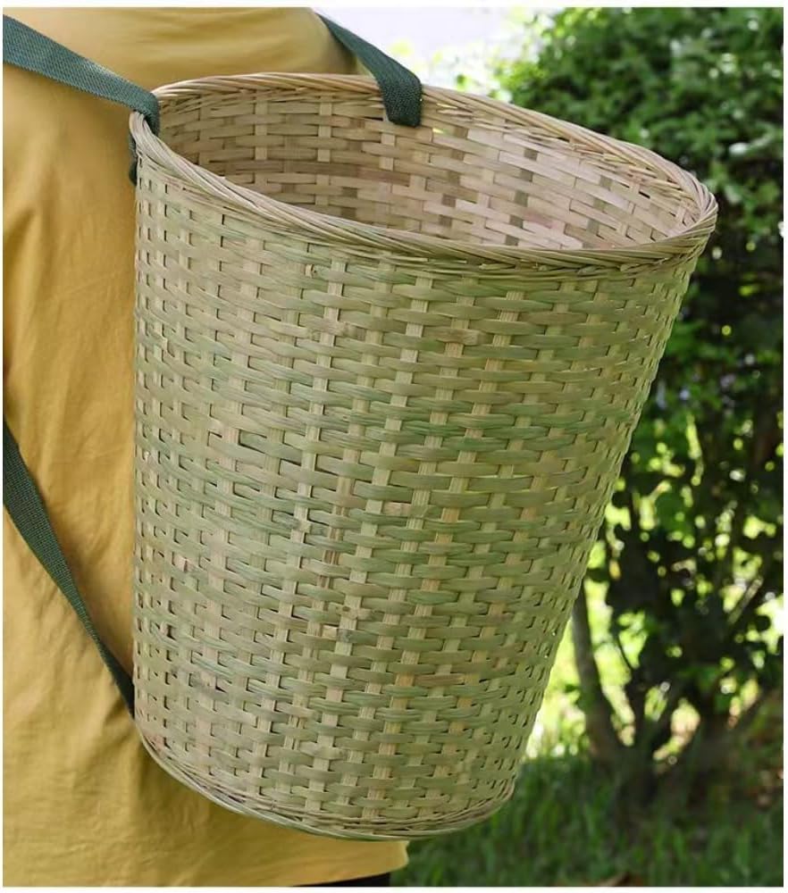 バックパックバスケット、手編みの竹製、大容量、農業用、収穫、フルーツ、自立式、収集用、草収集バッグ、調節可能なショルダーストラップ、