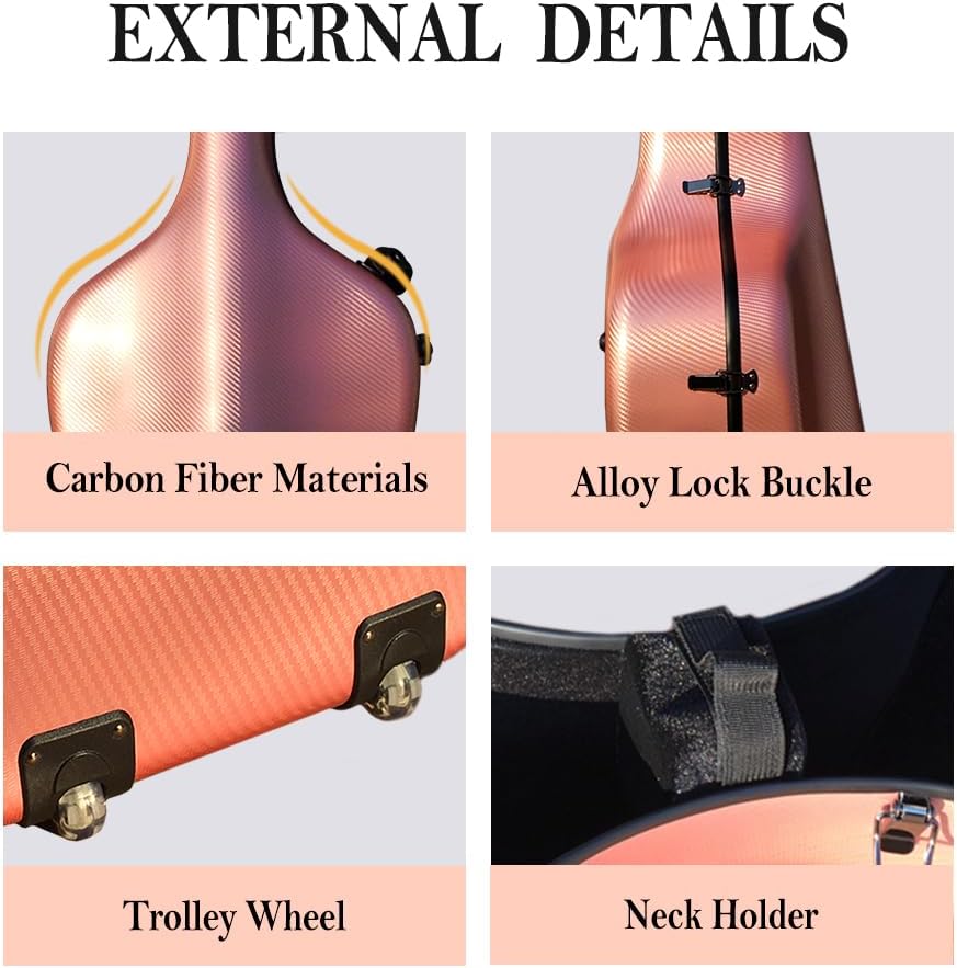 Vetimobato Ultra-Lightweight Braided Carbon Fiber Cello Case 4/4 Full Size Hard Shell with Wheels,Backpack Straps,Bow Holders ca. 3.6kg (Rose Gold)