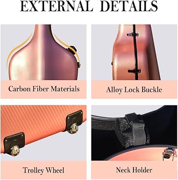 Vetimobato Ultra-Lightweight Braided Carbon Fiber Cello Case 4/4 Full Size Hard Shell with Wheels,Backpack Straps,Bow Holders ca. 3.6kg (Rose Gold)