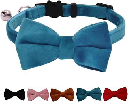 Cat Collar Breakaway with Bell and Removable Bow Tie Safety Buckle Velvet Adjustable 7-11 inches for Kitten Cats Blue
