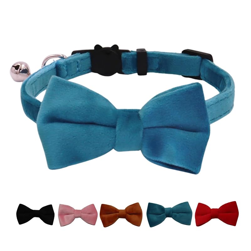 Coleira para Gatos em Veludo com Fecho de Segurança, Sino e Laço Removíveis WDPAWS Azul (Tamanho S)