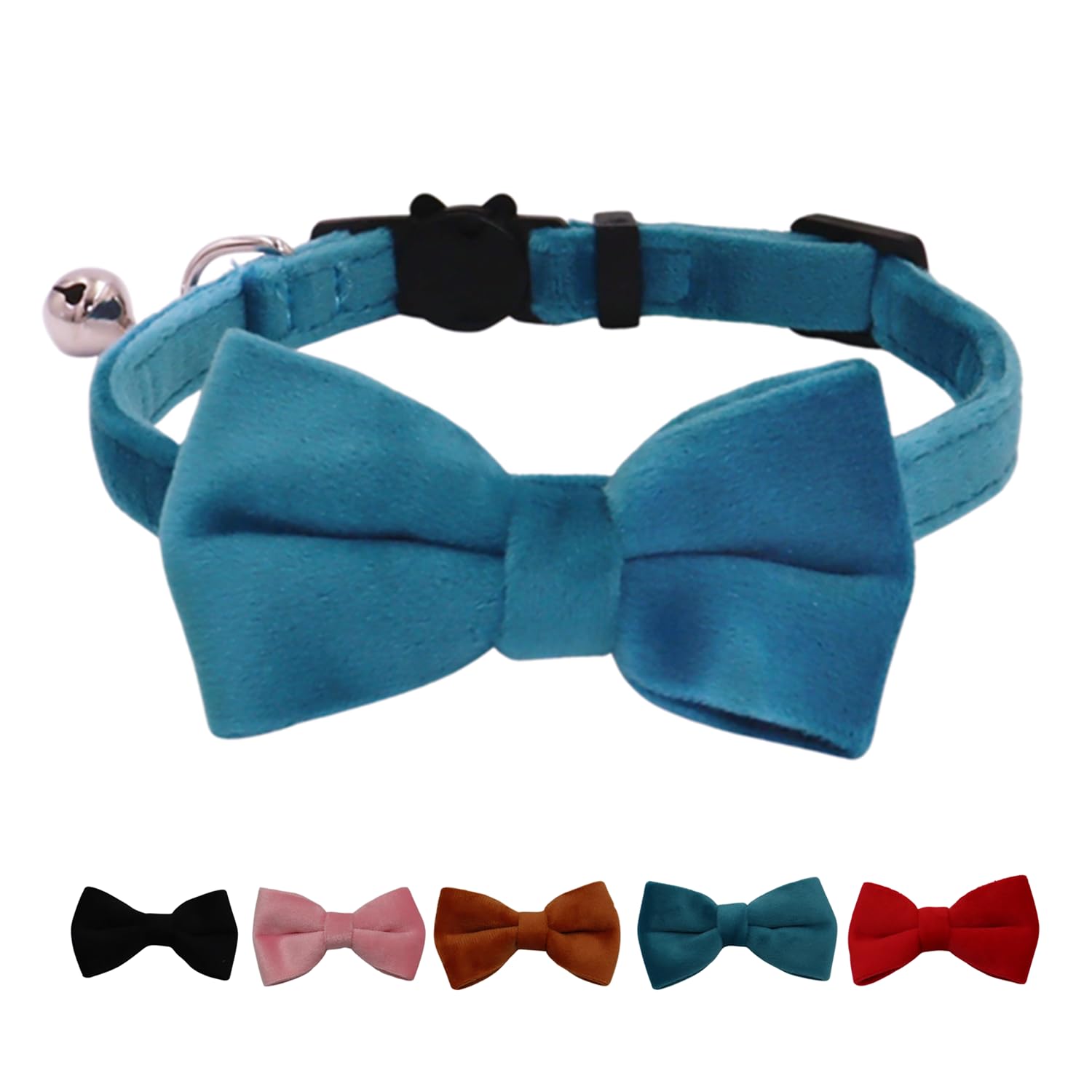 WDPAWS Cat Collar Breakaway with Bell and Removable Bow Tie Safety Buckle Velvet Adjustable 7-11 inches for Kitten Cats (Blue)