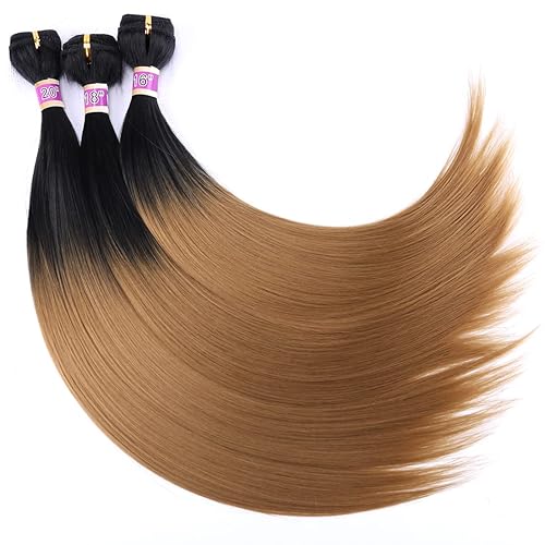 Extensiones de cabello lacio y sedoso, tejido de cabello sintético, 3 paquetes de dos tonos degradado negro a dorado, T127 (16 pulgadas, 18