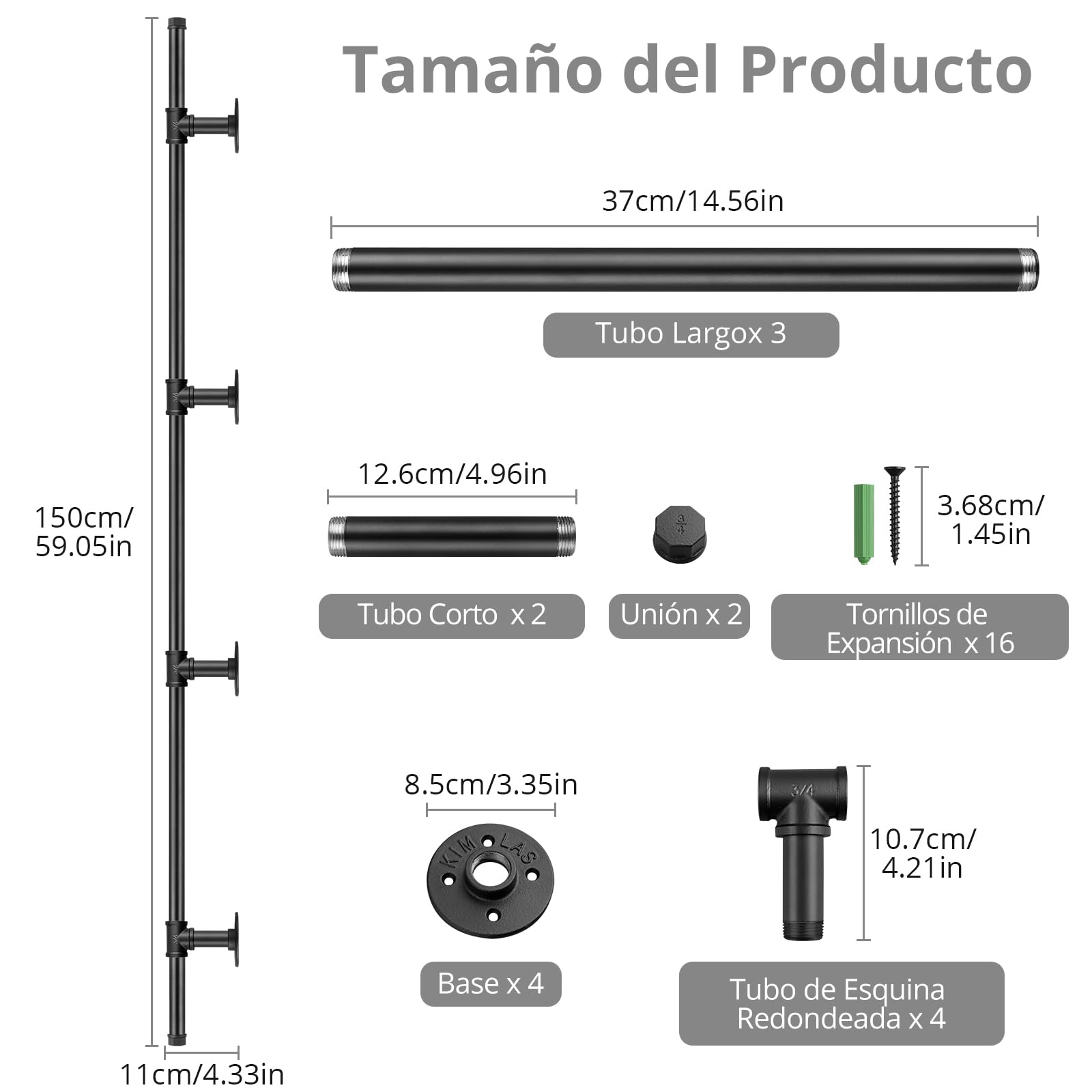 TANiCE Pasamanos Escalera 150 cm Negro de Acero Galvanizado Antideslizante Barandilla de Pared para Interior y Exterior con Soporte Seguro para Ancianos y Niños, Fácil Instalación Multifuncional