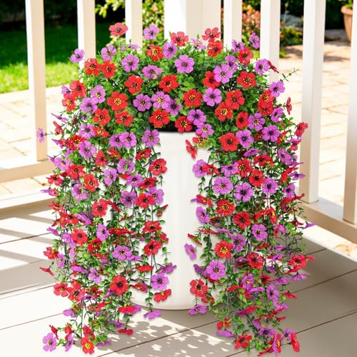 Image of Bassion 4 Pcs Artificial Hanging Flowers for Outdoors, Red Fuschia | Realistic fake silk flowers, UV resistant, faux plants, for outside home patio garden balcony yard front door porch decor