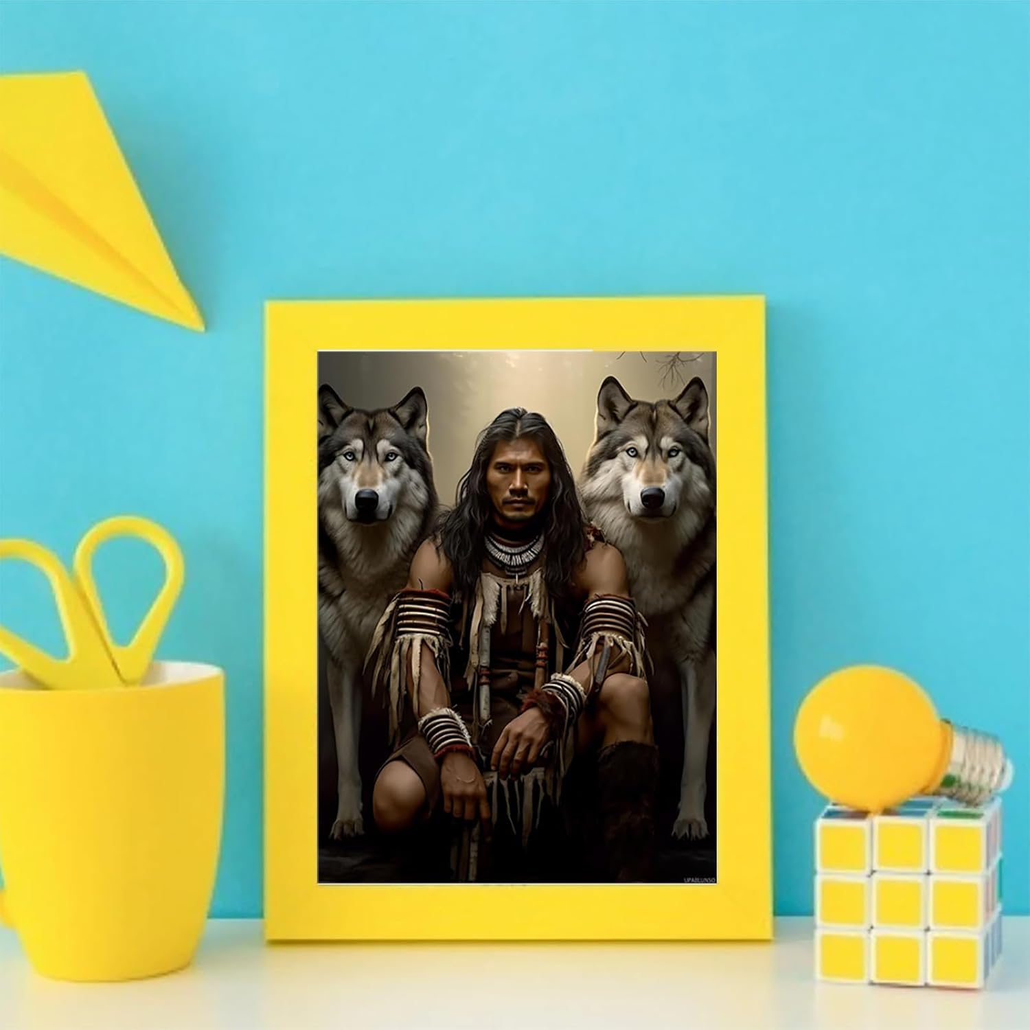 UPABLUNSO Native Americans Man with Two Wolves Diamond Painting Kits for Adults Native American Indian Diamond Art Painting, Full Round Diamond Art Kits, Home Wall Decor 12x16 inch