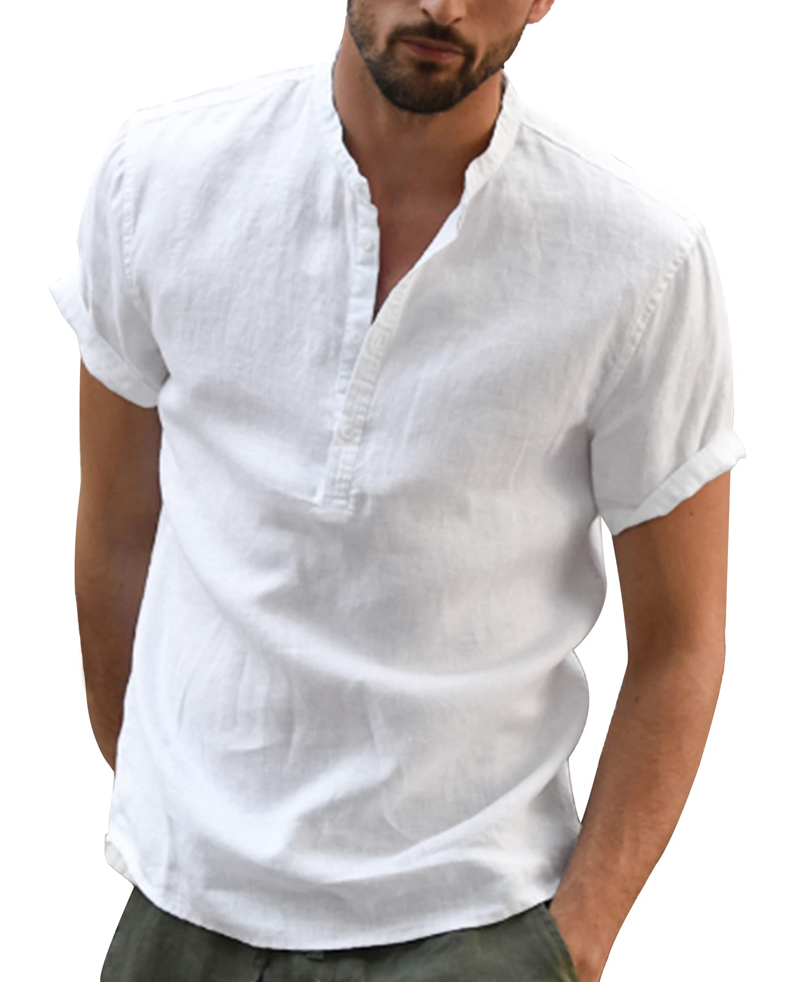 YAOBAOLE Camisa de lino de manga corta con cuello Mao Camisa de verano para hombre ligero de algodón y lino Camisa de playa clásica casual Henley Shirt