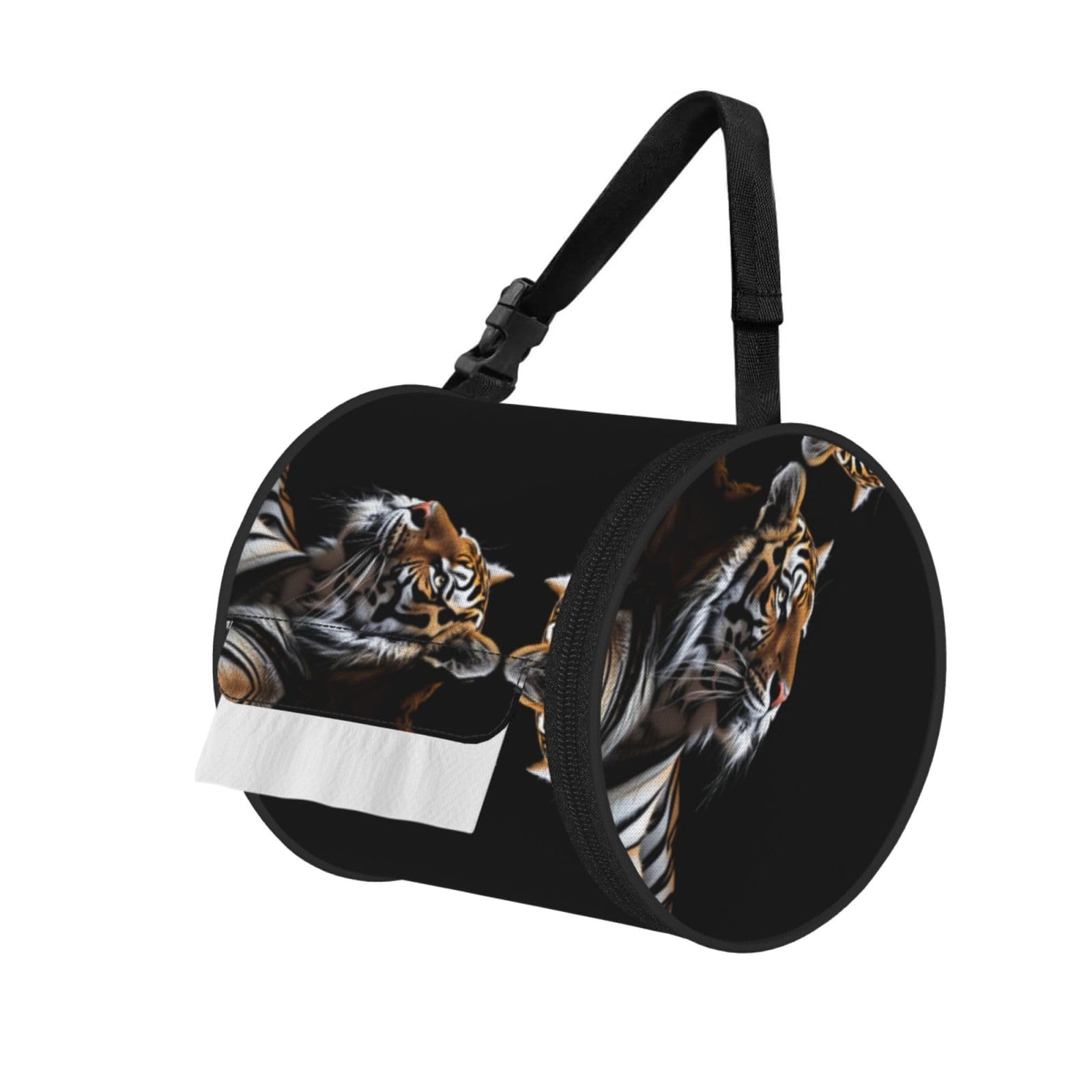 Modern Tiger Print Round Tissue Dispenser Bag With Carry Strap, Portable Roll Holder For Car Travel Home