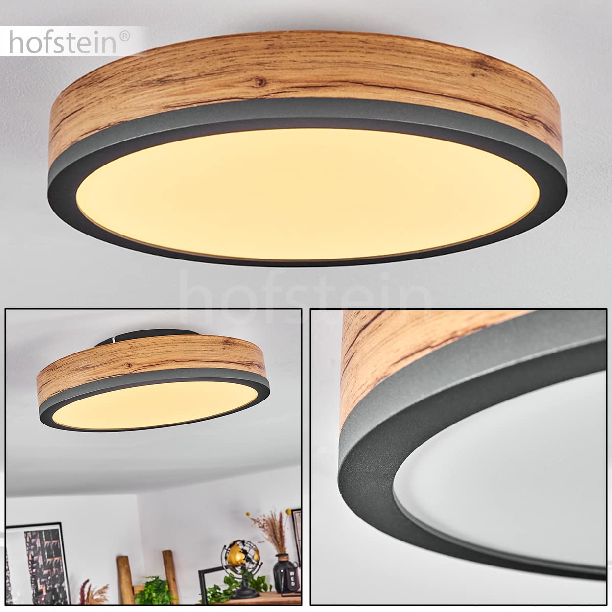 HOFSTEIN LED Deckenleuchte Salmi, Deckenpanel aus Metall/MDF/Kunststoff in Anthrazit/Holzoptik/Weiß, Leuchte im flachen Design, Ø 30 cm, 12 Watt, 950 Lumen, 3000 Kelvin, Esszimmer, Küche, Schlafzimmer