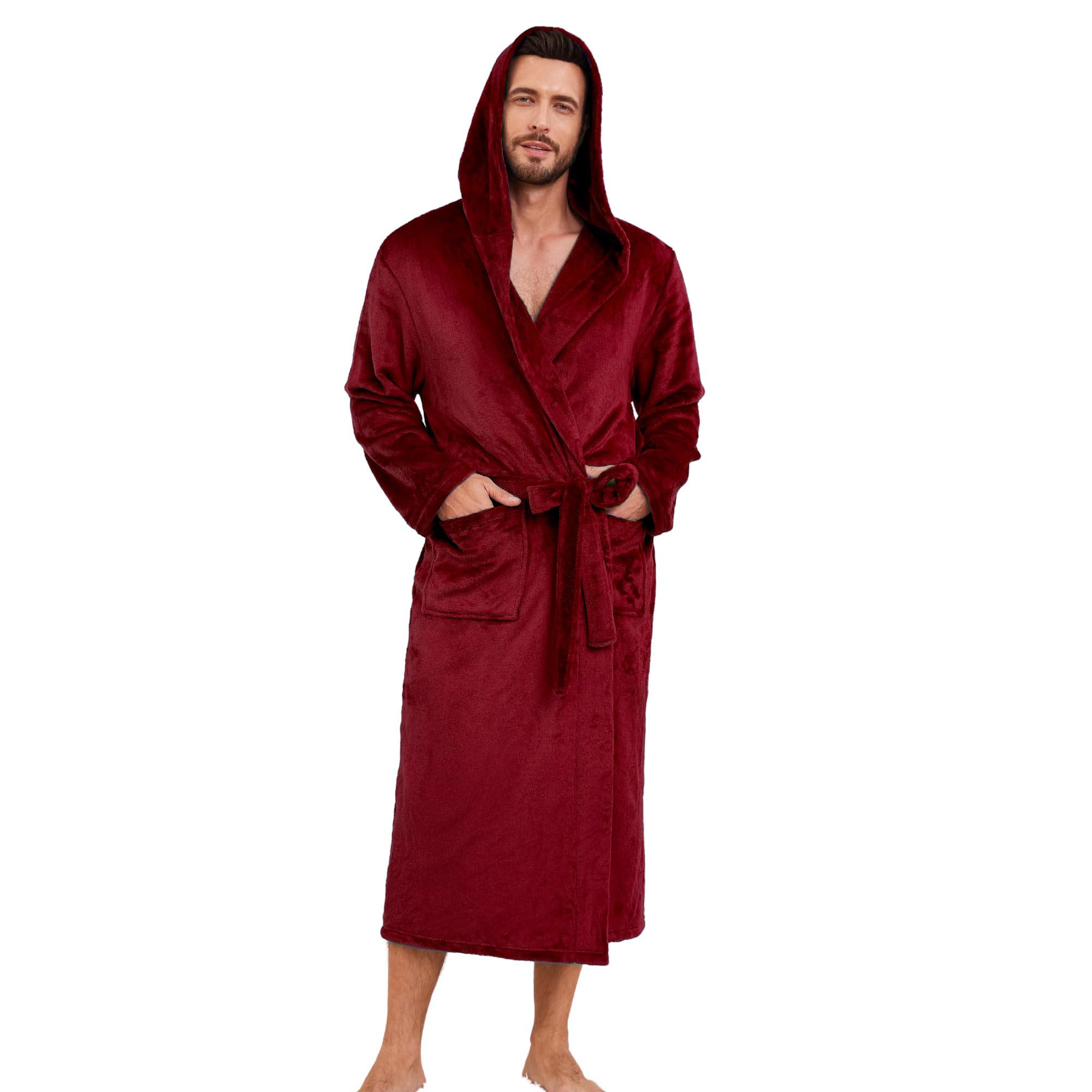 Men's Hooded Robe, Soft Warm Fleece Long Bathrobe with Pockets