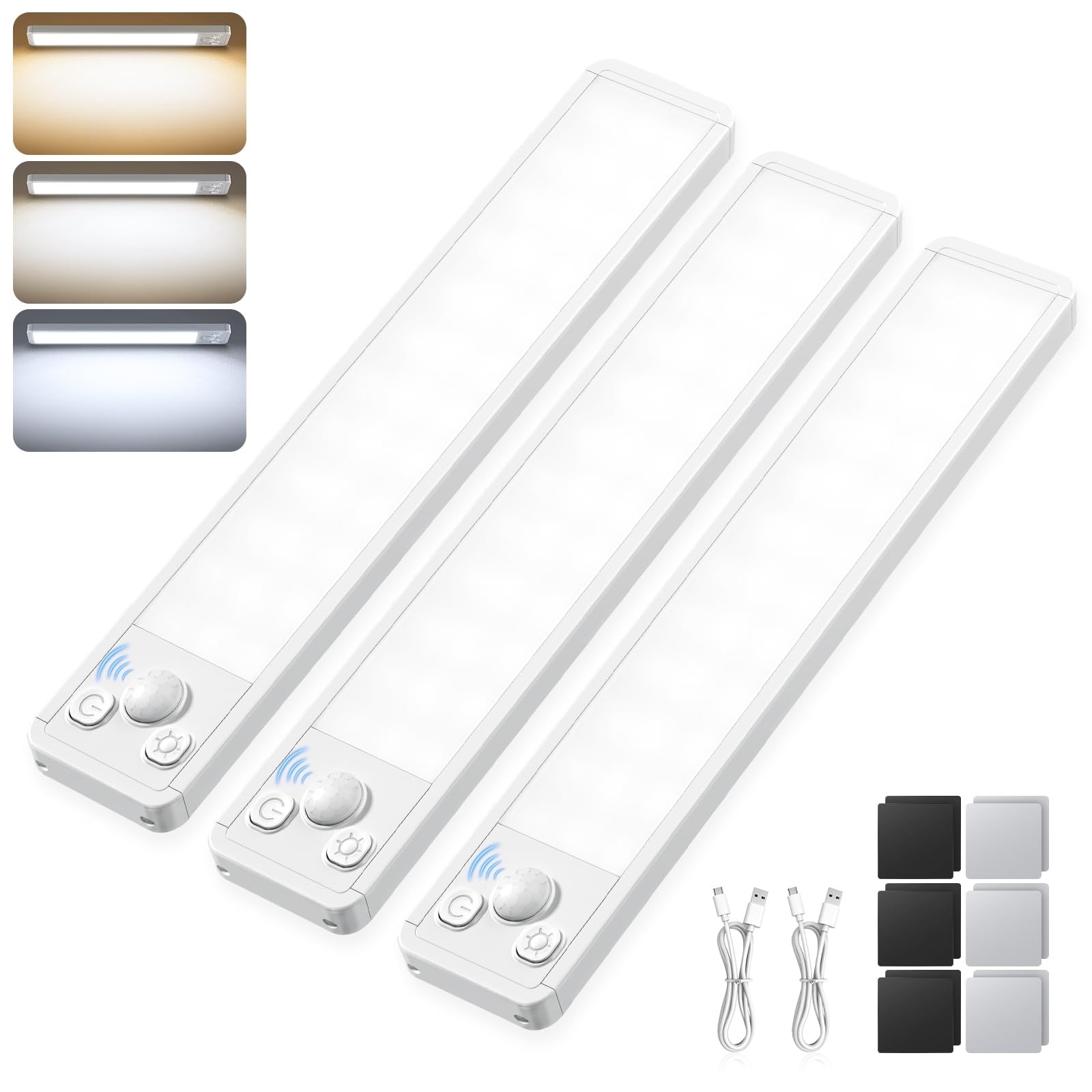 Under Cabinet Kitchen Lights 3-Color LED Cupboard Motion Sensor Strip Light Indoor Rechargeable USB Wireless Battery Powered Lighting Wardrobe Shelf Counter Closet Stairs with Magnetic Stick 3 Pack