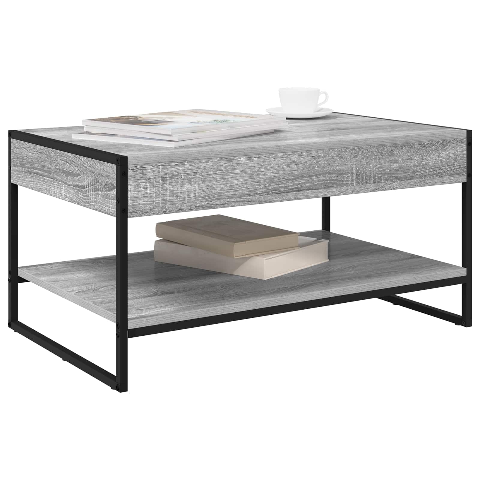 Couchtisch Graues Sonoma Holzwerkstoff 80 x 50 x 40 cm mit Ablagefach und Stahlbeinen moderner Wohnzimmertisch für Sofa Lounge mit Stauraum und Ablagefach