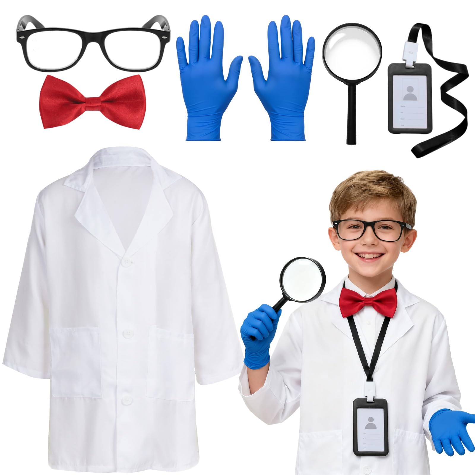 ASFWAGQ 6 Pcs Kids Scientist Costume Set Include Lab Coat,lasses,Gloves,Bowtie,Magnifier and ID card,for Doctor Pretend Play Science Week Dress Up (M)