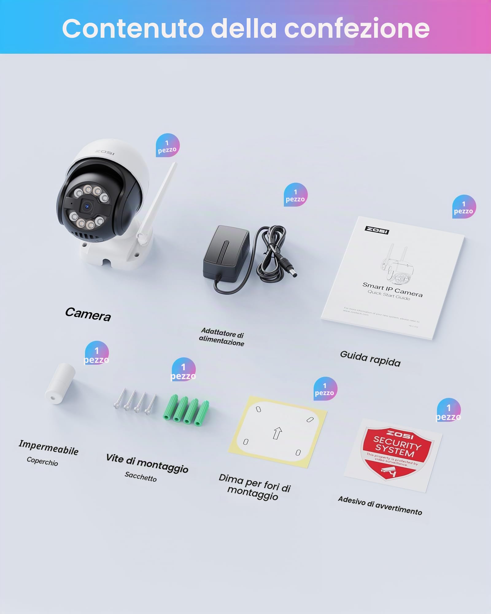 ZOSI Telecamera Wi-Fi Esterno 4MP, 2,5K Telecamera da Esterno WiFi 360° IP66, Visione Notturna a Colori, Videocamera Tracciamento Intelligente, Rilevamento di Umano, Veicoli e Aree