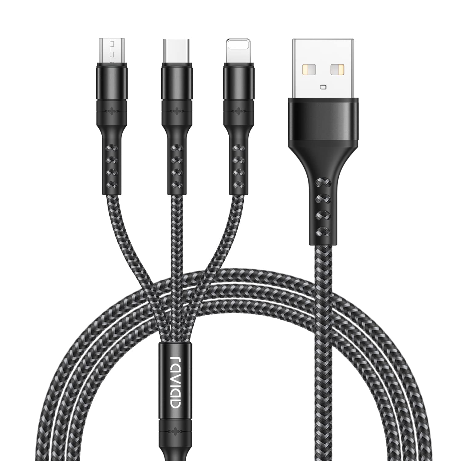 RAVIAD Multi Charging Cable 4FT, 3 in 1 Charging Cable Nylon Braided Multi Charger Cable Fast Charging Cord with IP Type-C Micro USB Connectors Compatible with Most Phones, Tablets and More - Black