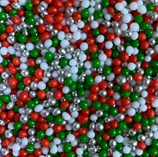 Scrumptious - Christmas Twinkle Red, Green and White 2mm Pearls Cake Topper Sprinkles - 30g Edible Polished Sugar Festive Cupcake Decorations - Ideal For Xmas Themed Party Cakes And Bakes