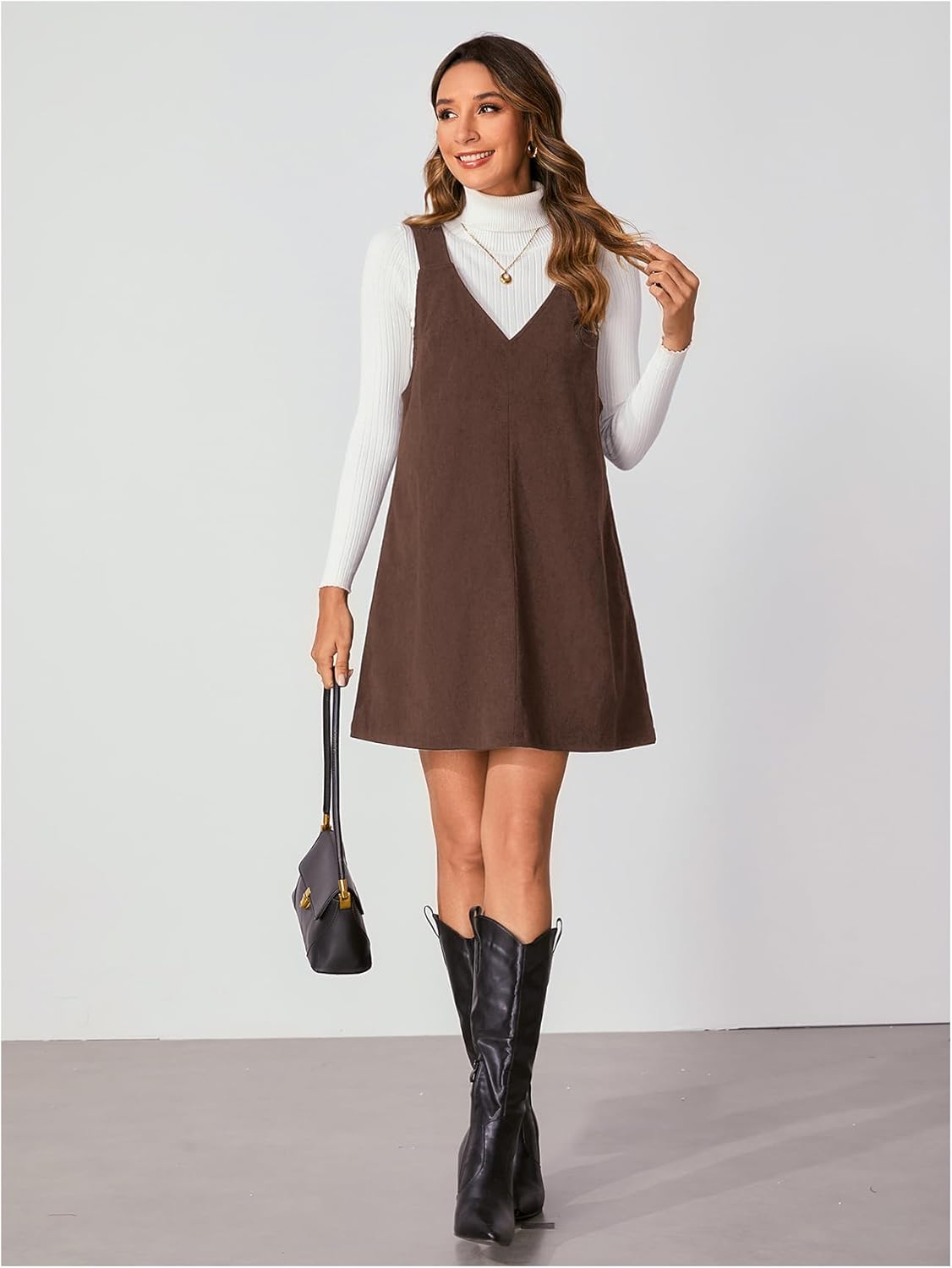 Milumia Women V Neck Corduroy Overall Dress 2025 Fall Mini Pinafore Jumper Dress - Image 4