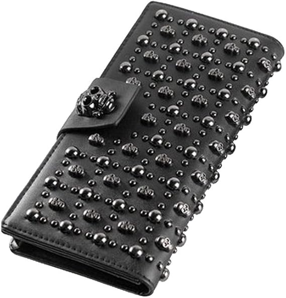 Women's Black Long Skull Studded Purses Genuine Leather Card Holder Wallet