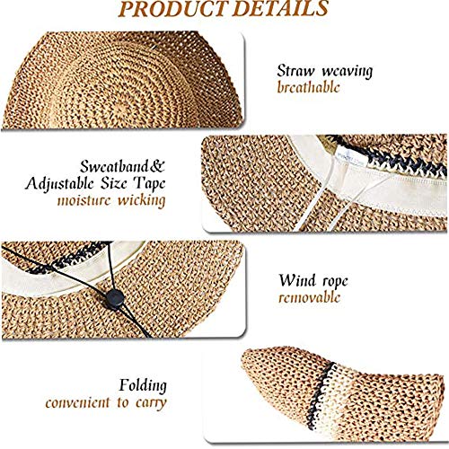 WITERY Trendy Women's Sun Hat Summer Straw Cap for Women Adjustable Summer Panama Fedora Wide Brim UPF 50+ Foldable Straw Beach Hat for Walking Fishing Travelling - Image 3