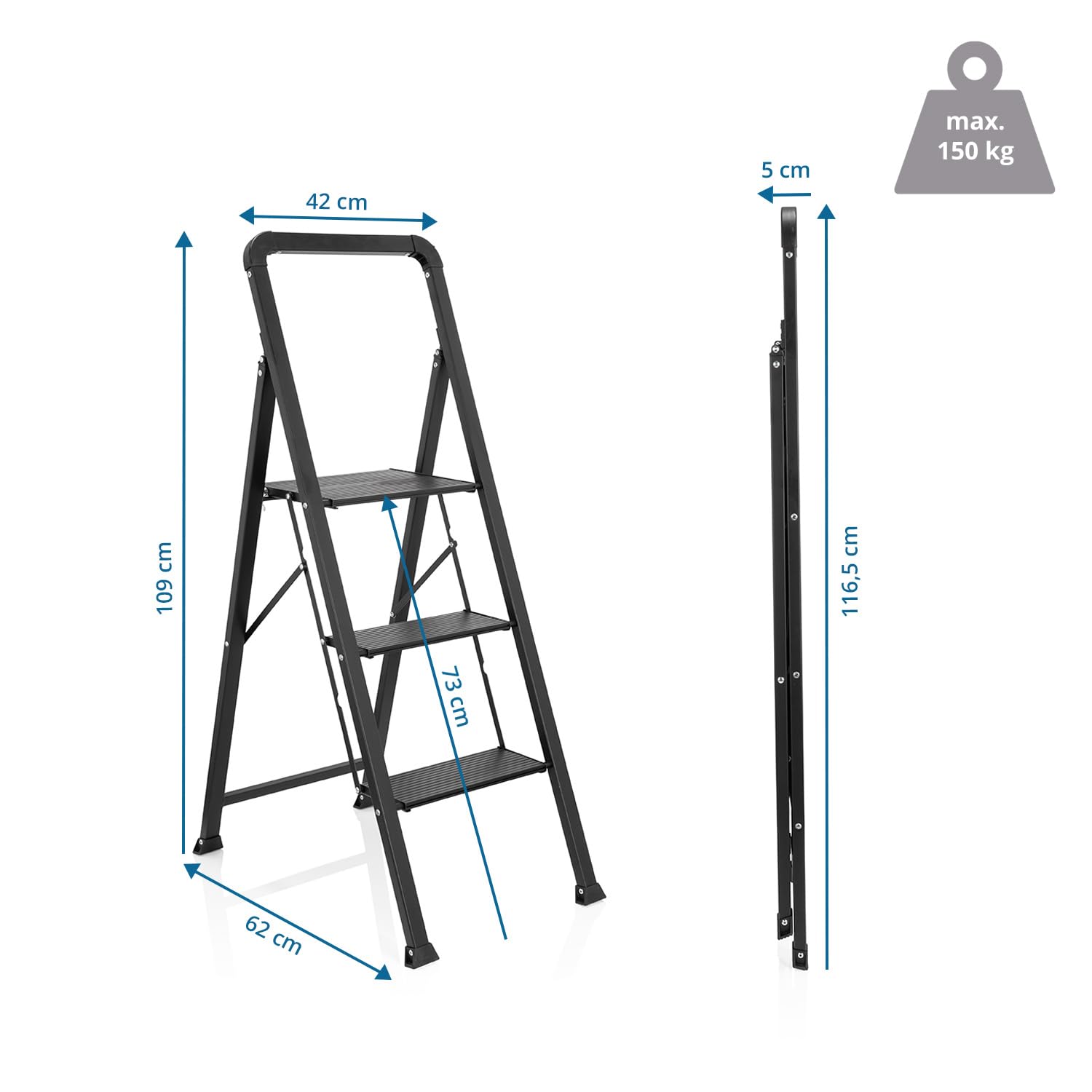 hjh OFFICE Klappleiter 3 Stufen SOLID W6 Aluminium Trittleiter, bis 150 kg belastbar, Tritt klappbar, Schwarz, 801206