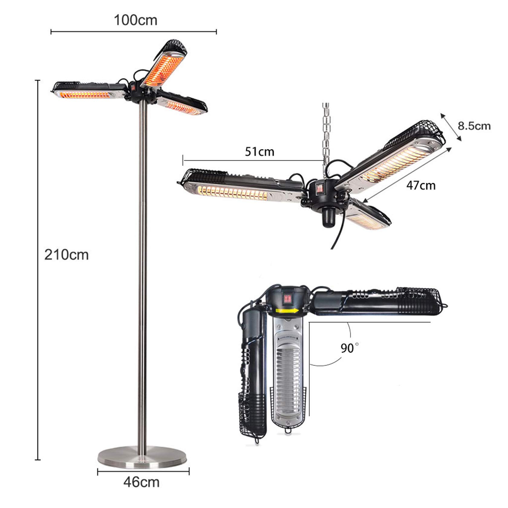 2000W Calorifero Ombrellone Elettrico Esterno Lampada Riscaldante per Giardino Gazebo Veranda Autoportante o Sospeso, Regolabile in 3 Livelli, Staffa, Regolabile in Altezza, IP44, Bracket Style