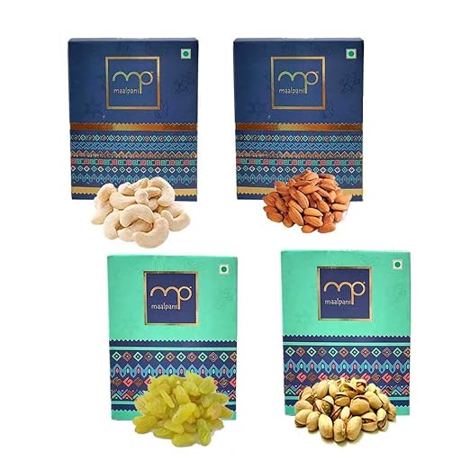 Maalpani Gift Hamper Set Dry Fruit Box | Diwali Dry Fruit Hamper | Dryfruits Pack ( 200g Dry Fruit Combo Set with 4 Box -50 Gram Each - Cashew - Almond - Kishmish -Pistachios )