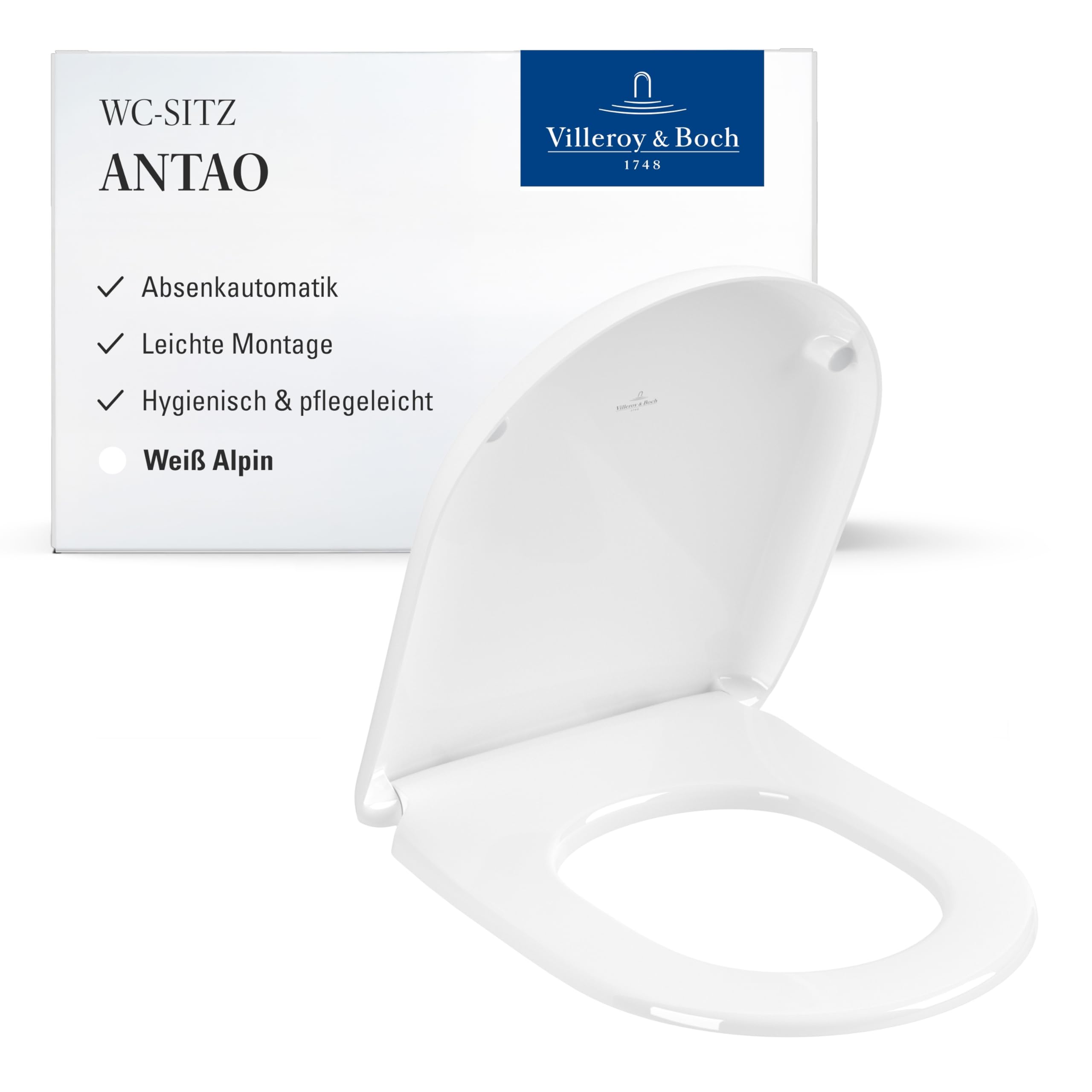 Villeroy & Boch Antao WC-Sitz, D-Form – Weiß Alpin, glänzend | Mit Absenkautomatik, abnehmbar, aus bruchsicherem Duroplast, Original Ersatzteil, 8M67S1R1