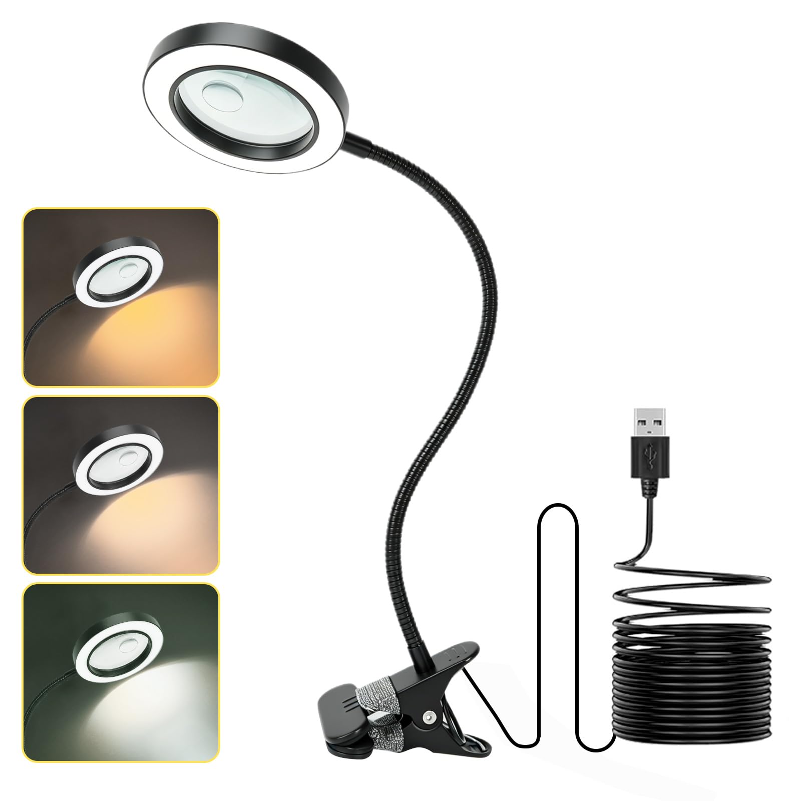 2 in 1 Magnifying Glass with Light & Clamp, 10X 20X Dual Magnification, Magnifying Desk Lamp with 3 Color Modes, 10 Dimmable Levels, Flexible Gooseneck Magnifier for Close Work, Crafts, Jewelry
