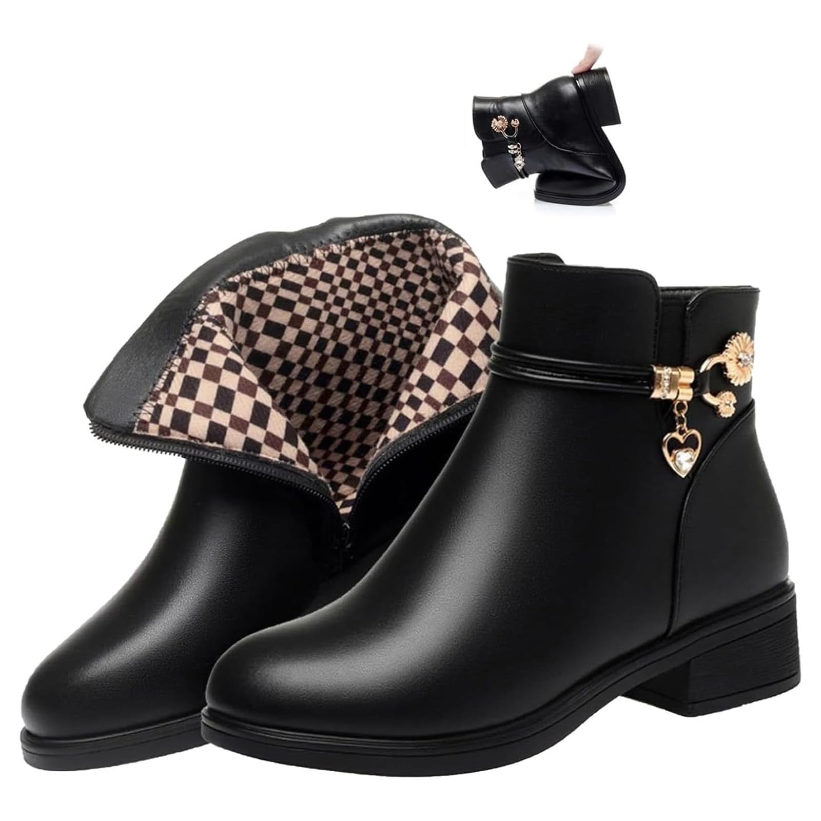 Women's Leather Wool Orthopedic Boots, Waterproof Leather Ankle Boots Winter Warm Rhinestone Block Heel Short Snow Boots (Black Thin, Adult, Women, 3.5, Numeric, UK Footwear Size System, Medium)