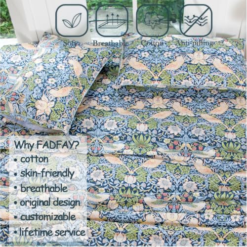 Image of FADFAY Cal King 100% Egyptian Cotton Sheets Set 4 Piece, Vintage Botanical Floral Bird Print, Luxury Soft Breathable Cooling Deep Pocket Bed Sheets, Hotel Quality Bedding for Hot Sleepers All Season