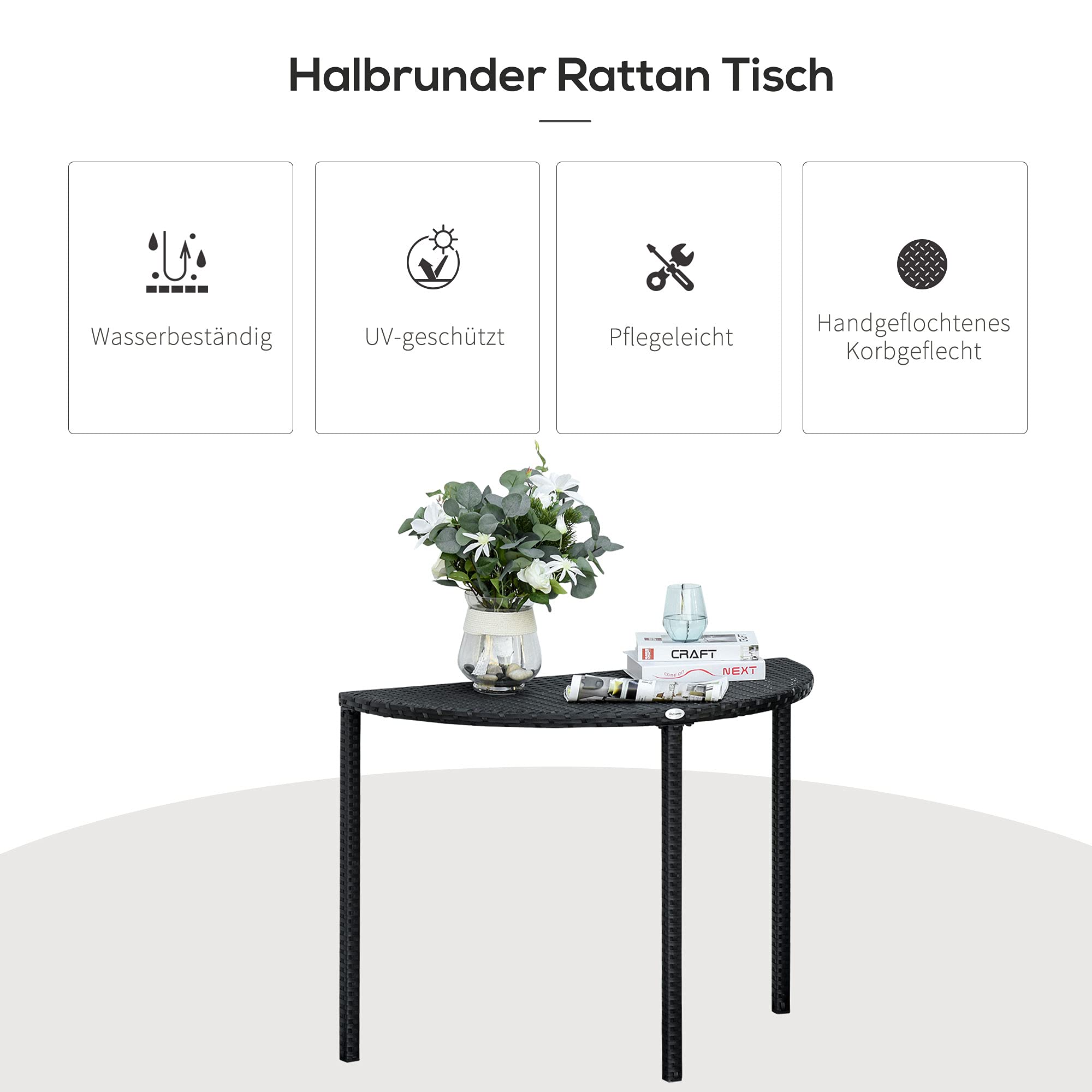 Outsunny Balkontafel Halfrond – Polyrotan Met Metalen Frame, 100x50x74 Cm, Weerbestendig En Stabiel