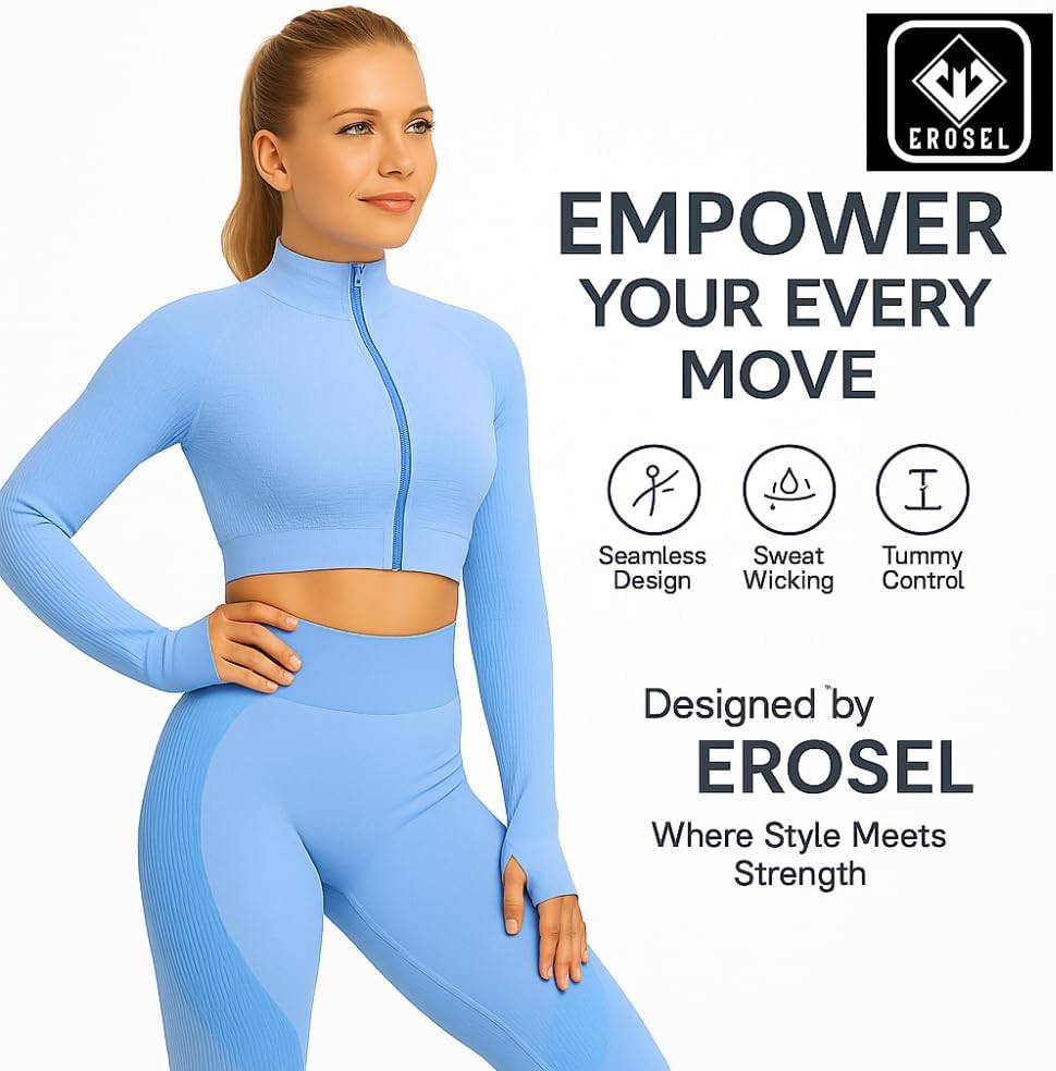 Women's 3 PC Seamless Gym Clothing Workout Outfit with Jacket Bra & Leggings Set - Image 7