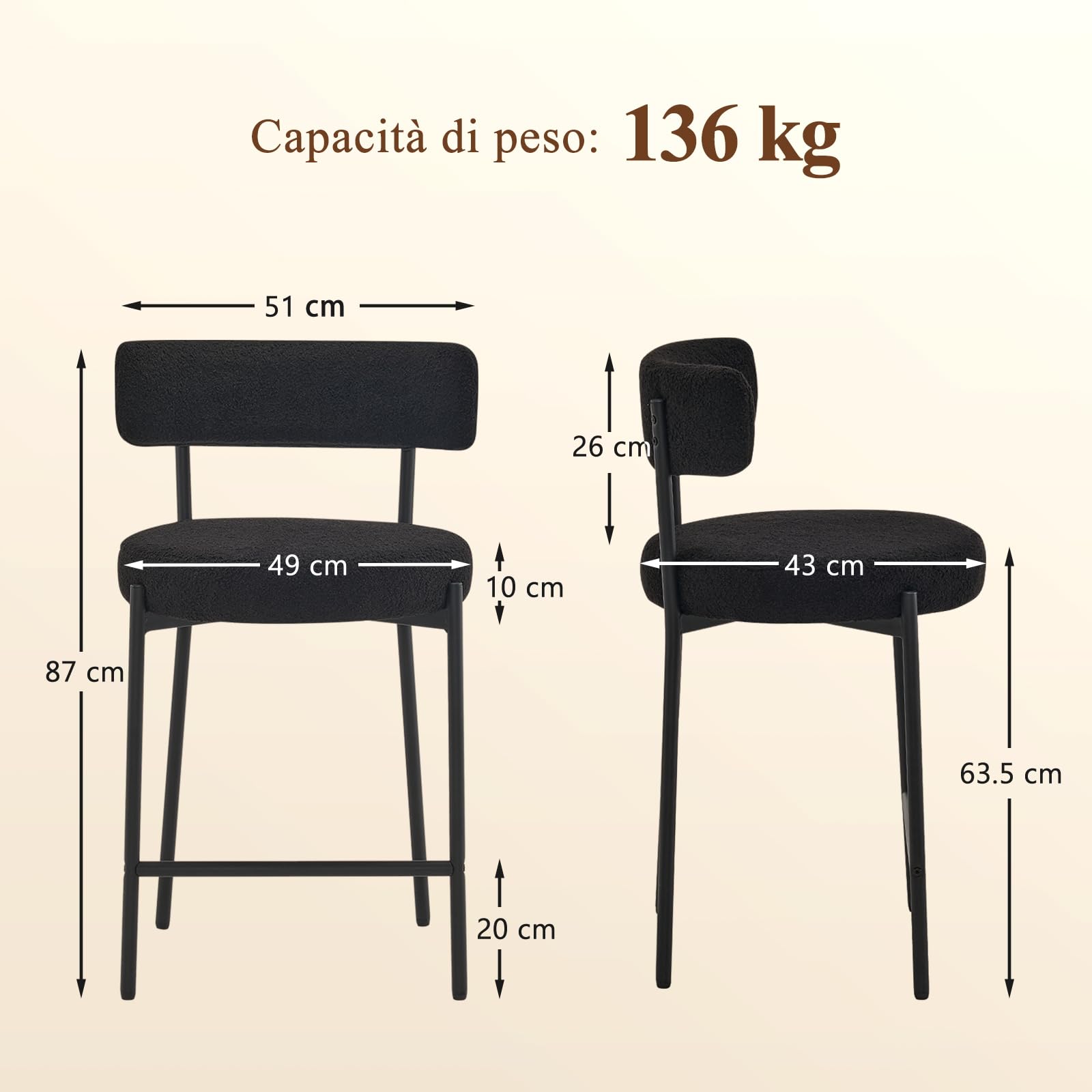 Set di 4 Sgabelli da Bar, Sgabelli da Bar Alti con Schienale, Sedie da Cucina con Poggiapiedi, Seduta alta 63,5cm per Bar, Caffè, Isola della Cucina, Nero