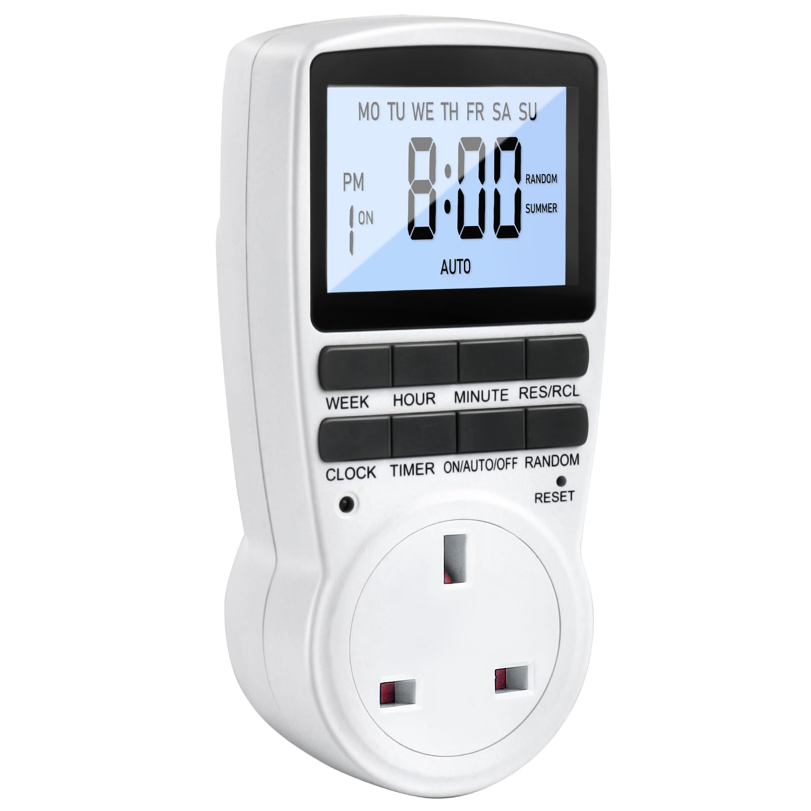 Digital Timer Plug Socket UK, 24h-Week Socket Light Switch With 16 On-Off Programme LCD Display, Electric Timer Switch Repeat Cycle Programmable Plug Timing With Random Mode for Indoor Home Appliances