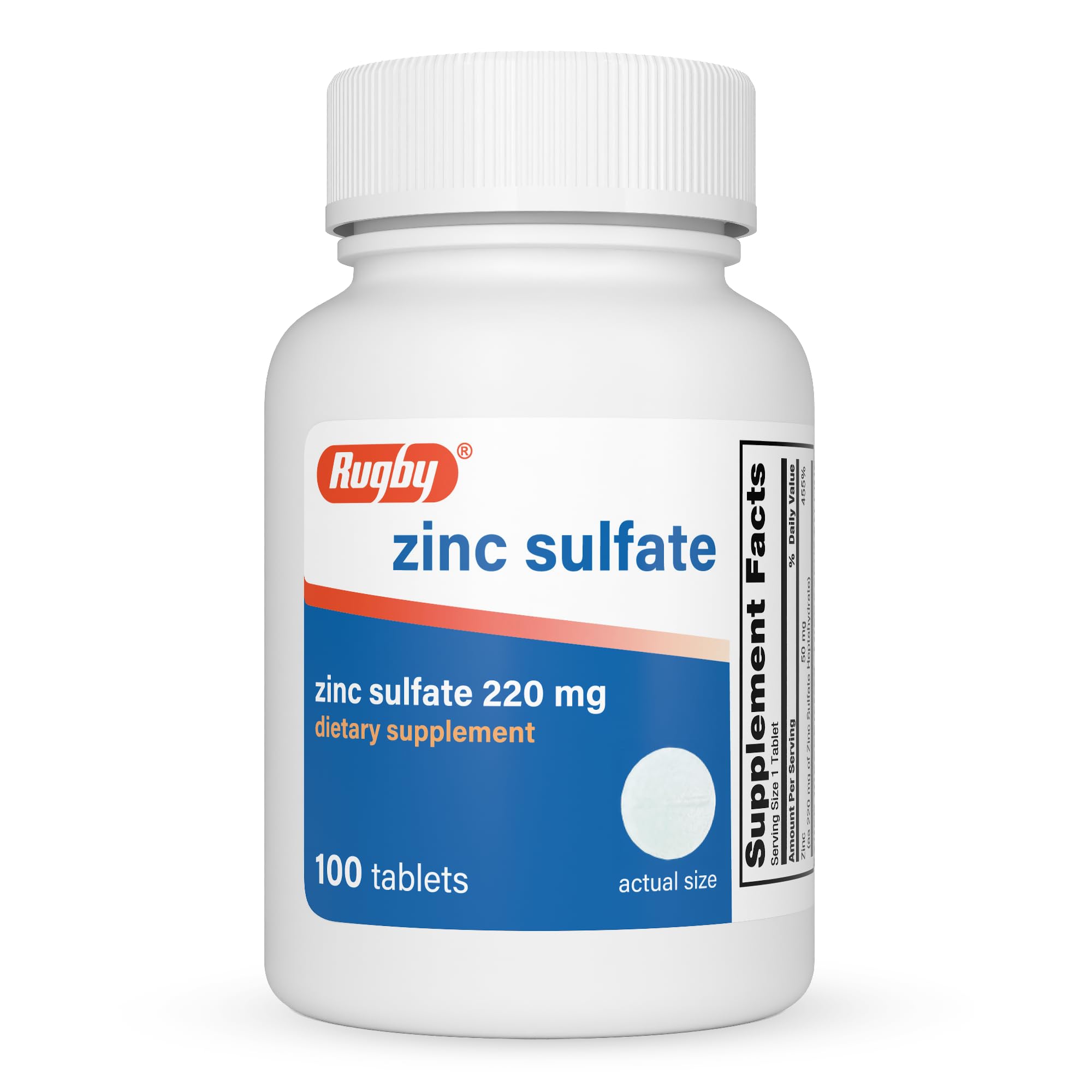 Rugby Zinc Sulfate 220 mg Tablets - Made with Zinc Sulfate Heptahydrate - Dietary Supplement - 100 Count (1 Pack) 100 Count (Pack of 1)