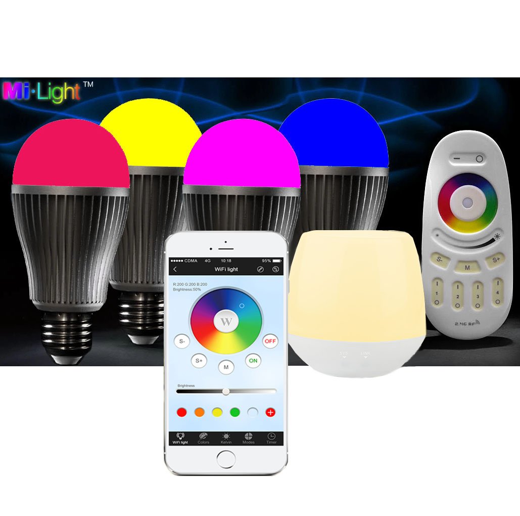 lighteu 4 x WiFi LED Lámpara Original lighteu® Color RGB de luz blanca cálida, 9 W, E27, intensidad regulable, con 4 Zona Bombilla de mando a distancia, cambio de color, incluye WLAN WiFi controlador