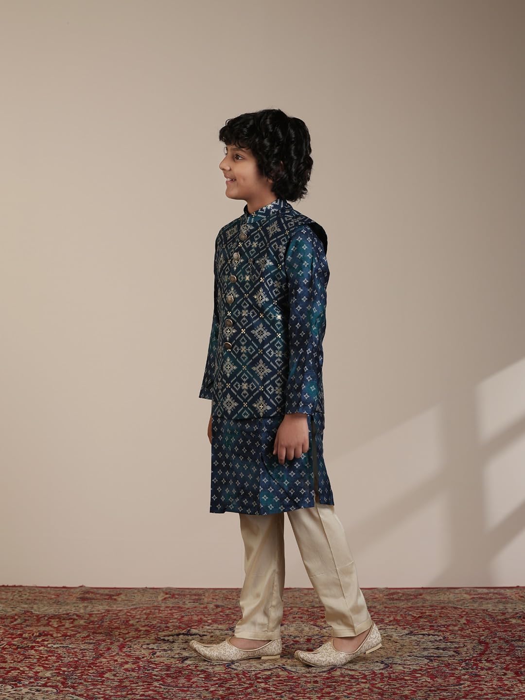 Manyavar Blended Viscose Foil Print Kurta Jacket Pyjama Set for Child(5-6 years) 1